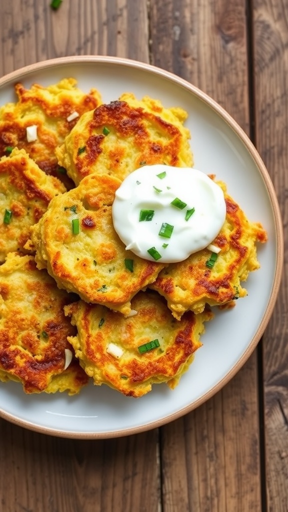 Crispy quinoa zucchini fritters served with yogurt sauce and garnished with herbs on a rustic wooden table.
